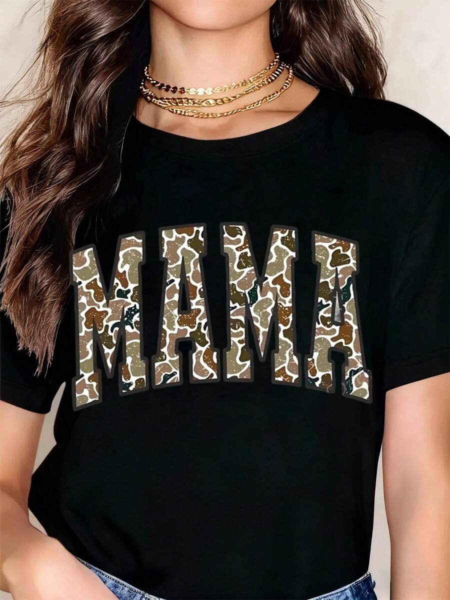 Mama Camo Print T Shirt Women Casual Black Short Sleeve Top Maternity Motherhood Fashion Graphic Tee Shirt - màu đen - Xem 1