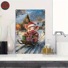 1 pezzo, 20x30cm Cartello in alluminio, Slitta di Natale con maiale e regali, Decorazione murale natalizia 3D, cartellone metallico festivo per casa, cucina, sala da pranzo, camera da letto, giardino, decorazione interna ed esterna