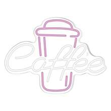 1个紫白双色LED软硅胶霓虹灯（含数据线）：咖啡杯+“咖啡”字样，紫色杯子搭配白色文字细节，装饰/氛围咖啡灯，适用于咖啡馆、家庭酒吧