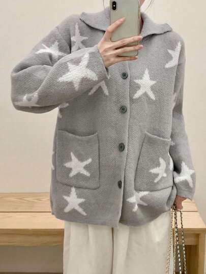 女士灰色星星图案针织开衫，韩版宽松高端感，秋冬新款，随机裁剪