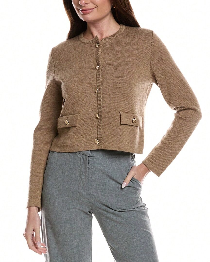 Bruno Magli Merino Wool Cropped Crewneck Jacket - Tan - 查看 1