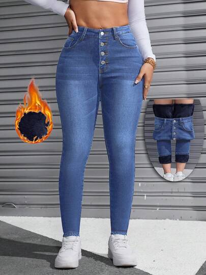 Women's Casual High Stretch Washed Denim Jeans With Warm Lining, Full Length, Button Front