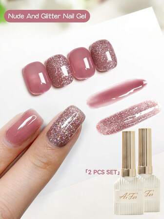 AiFer 2 Colors 15ML Glitter And Nude Nail Gel Polish Set Semi Permanent Nail Art Soaking UV LED Nail Salon DIY Nail Salon Gel For All Season
