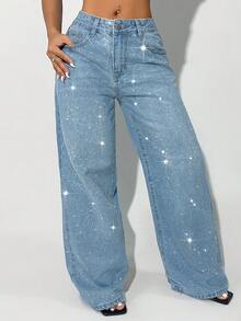 Lässige blaue Jeans der Damen mit tiefer Taille, weitem Bein, Rissen, schrägen Taschen, Kurvenform und Strass-Stickerei - Blau - Übersicht 6