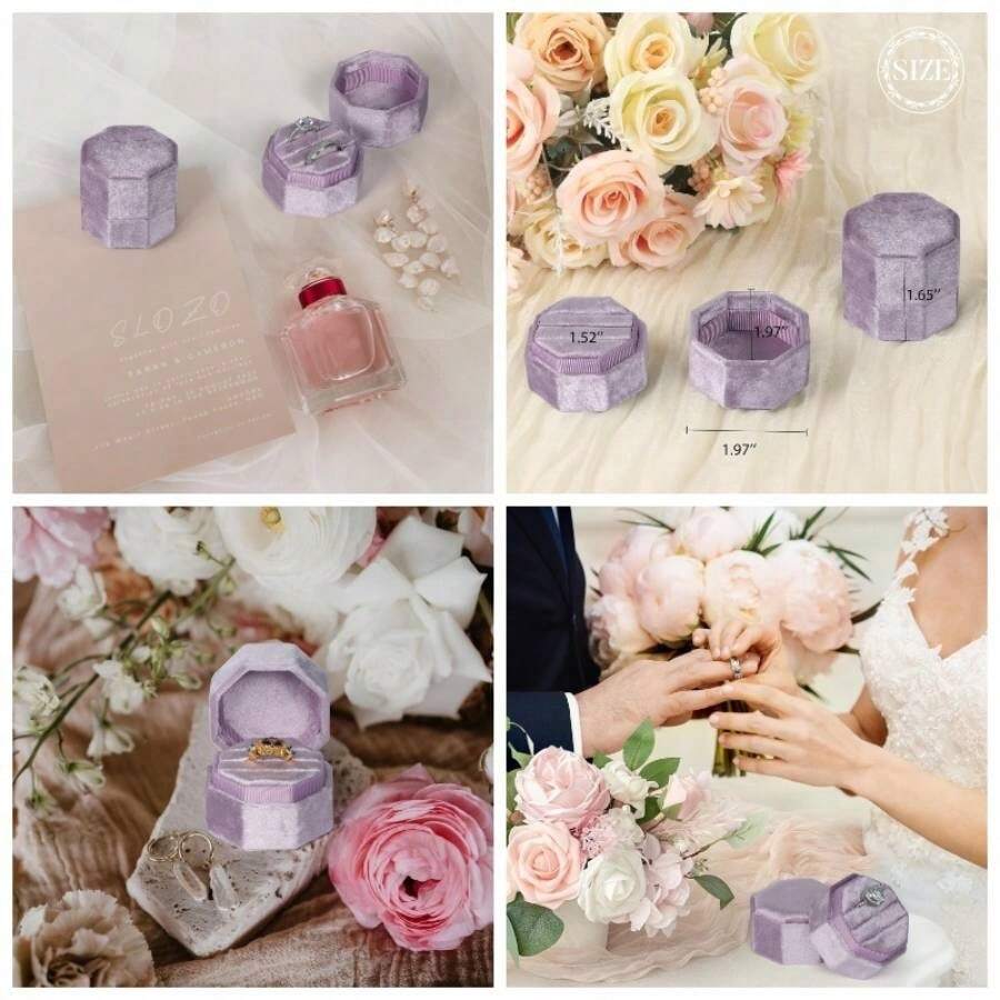 Velvet Ring Box, 3 Slots Octagon Jewelry Ring Box Vintage Ring Display Holder Case Wedding Ceremony Proposal Engagement Pearly White - Pale Purple - 查看 1