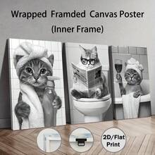 3 件可选画框帆布墙画，黑白可爱动物，现代简约抽象艺术装饰风格，有趣的猫咪，肖像方向，几何图案，带帆布艺术印刷，适用于浴室装饰、洗衣房、家居装饰、礼物，带画框的墙画