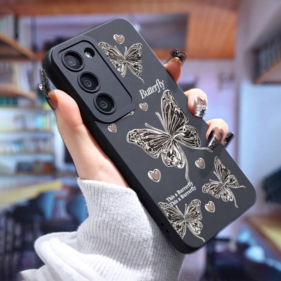 Esta funda de teléfono de mariposa de metal frío en forma de corazón es perfecta para teléfonos de la serie Galaxy S25 Ultra/S24 PLUS/S23+/S22/S21, con diseño de absorción de impactos, antideslizante, ligero y de nuevo estilo moderno, hecha de material TPU de alta calidad para una protección suave. - Colores mixtos - Ver 1