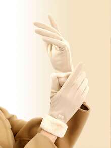 女士冬季保暖手套一双，长款加厚绒面防寒手套，防风羊皮触屏骑行手套，时尚自发热户外手套，学生休闲分指手套，秋冬季户外加厚防风自行车手套，触屏友好防滑女士冬季手套，带毛绒袖口 - 柔软、保暖、触屏、羊毛内衬 - 彩色 - 查看 5