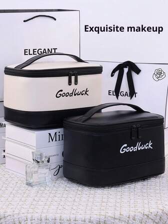 1pc Large Capacity PU Leather Makeup Bag With Zipper Closure, Black & White Letter Print, Holds Makeup Brushes, Toner, Eyeshadow Palette, Portable For Travel, Home, Unisex, Suitable For Students, Graduation, Mother's Day, Thanksgiving Gift,Gifts For Women,Christmas Gifts,Gift Ideas For Women