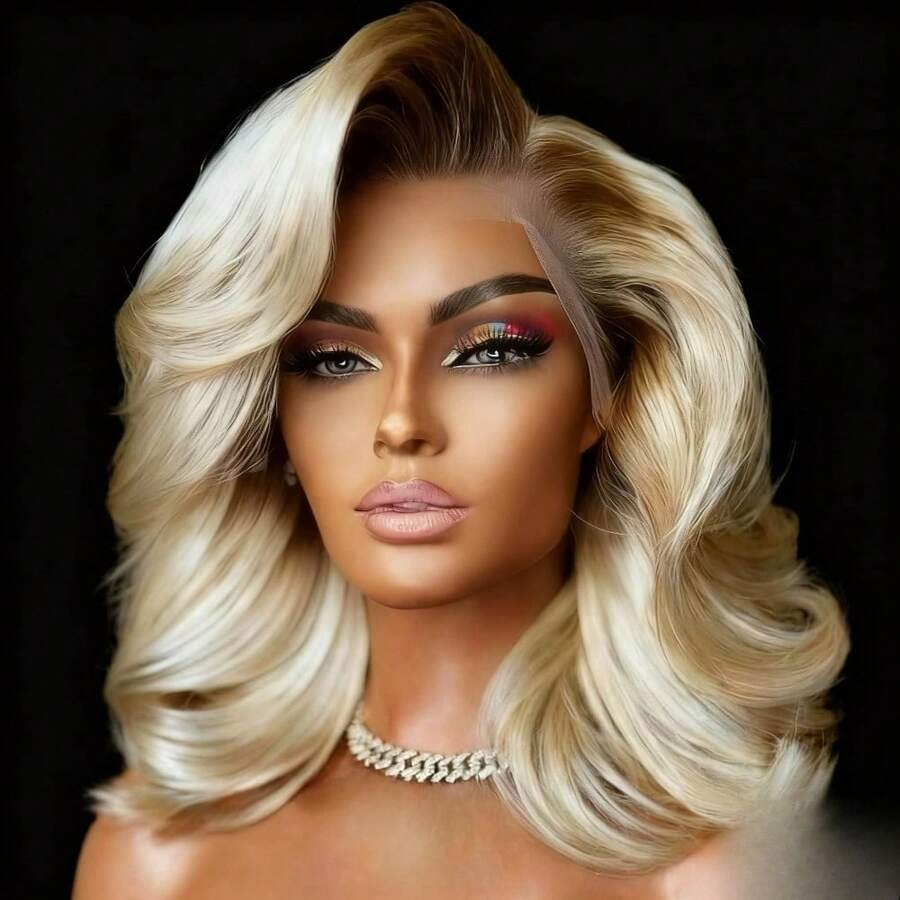 Body Wave 13x4 Hd Brown Roots With Ash Blonde Bob Wigs Human Hair Pre Plucked 250 Density Shouler Ombre Blonde Bob Human Hair Wig For Cosplay Party Human Hair Lace Frontal Wigs For Women - 根染&漸變色 - 查看 1