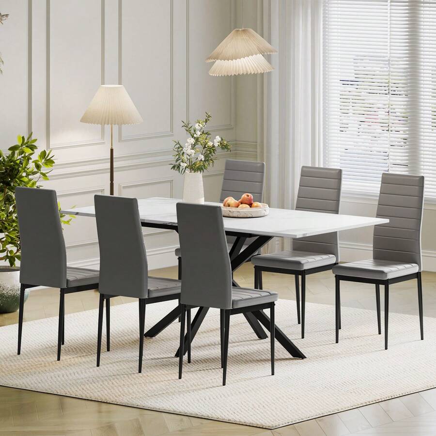 Extendable Dining Table And Chairs Set Of 6,White Marble Effect Table With 6 Grey High Back Dining Chairs,Modern Dining Table Set For Home/Kitchen - White Marble Effect Table+6 Gray Chairs - View 1