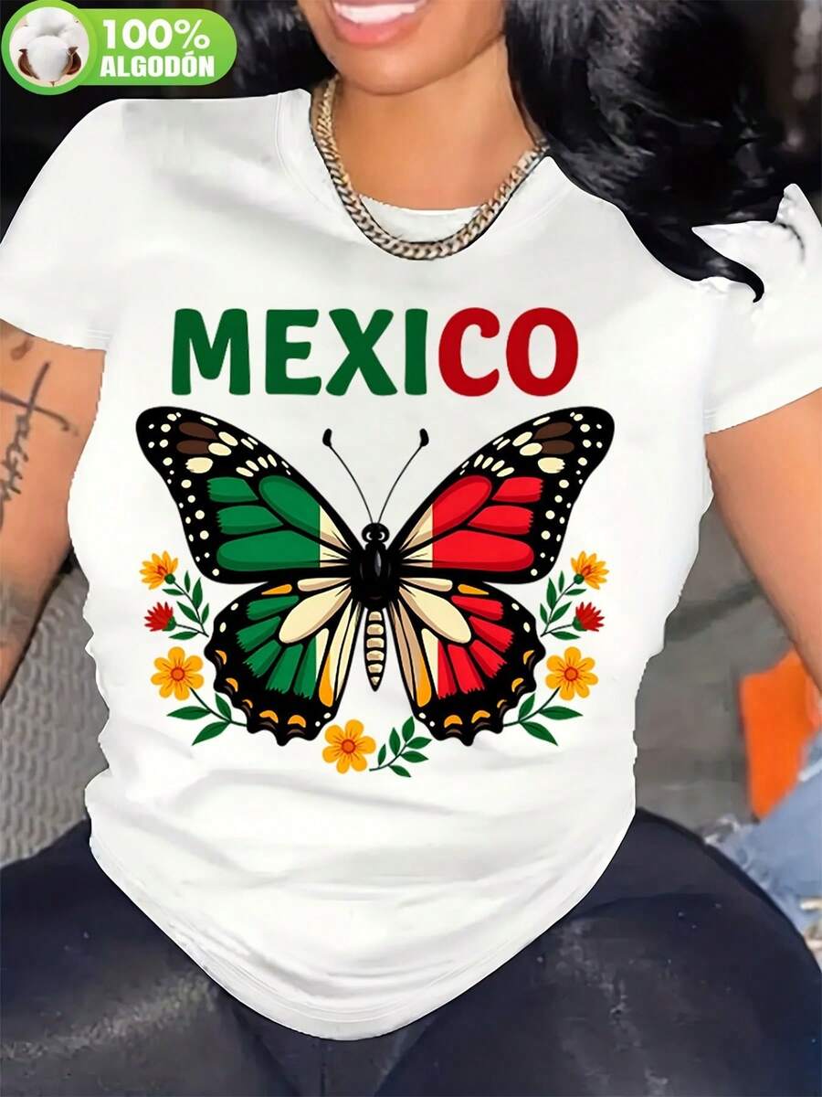 Camiseta de Mujer, Cuello Redondo, Manga Corta, Algodón, Transpirable, Diseño de Mariposas Mexicanas, Festiva, Colorida y con Estilo, Casual, Tallas Grandes Disponibles