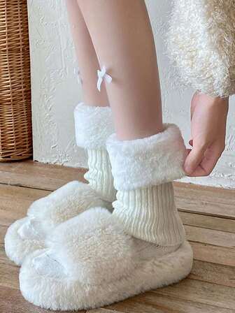 Pairs Of Women's Furry Leg Protection Socks, Ankle Protection Socks,Small Size Deviation, Paired With Mid Length Boot Covers, The Hairy Part Is Easy To Fall Off.,Warm Plush Knitted Leg Protection, JK Cute College Style, Suitable For Autumn And Winter Wear.Solid Colors For Cold Weather, Snow & Casual Attire, Winter Legwear, Simple Sock Pattern, Comfortable Fabric ﻿