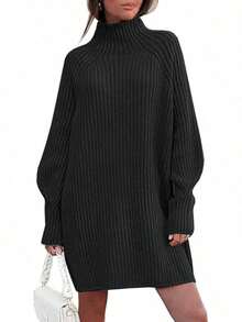 2026 Women's Casual Knit Dress Sweater Dresses For Women  Fall Fashion Mock Neck Long Lantern Sleeve Oversized Outfits Knit Tops Clothes ​ , Bodycon Long Sleeve ​ For Sports Outdoor Wear, Loose Fit Long Sleeve Comfy Daily Outfits For Women - 黑色 - 查看 1