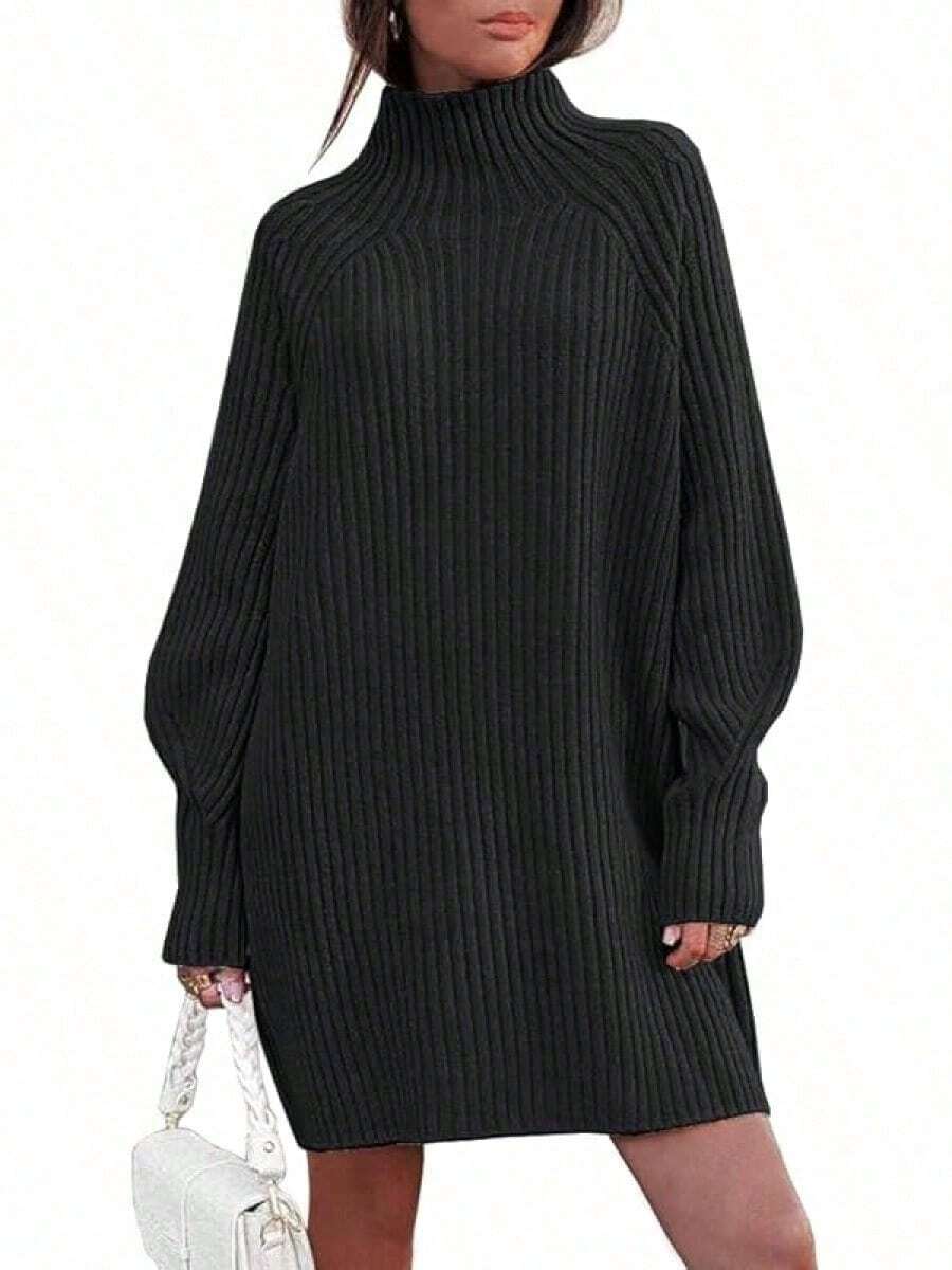 2026 Women's Casual Knit Dress Sweater Dresses For Women Fall Fashion Mock Neck Long Lantern Sleeve Oversized Outfits Knit Tops Clothes , Bodycon Long Sleeve For Sports Outdoor Wear, Loose Fit Long Sleeve Comfy Daily Outfits For Women - 黑色 - 查看 1