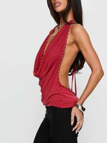 Women's Halter Vest Tops Deep V Cowl Neck Backless Rivet Going Out Tank Tops Cowl Neck Tank Tops Summer Backless Cute Ruched Casual Shirts - Red - View 4
