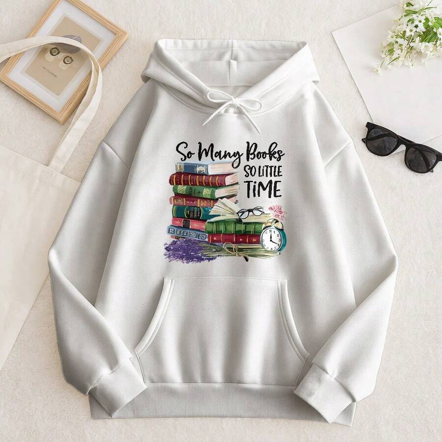 Printed Hoodie | "So Many Books, So Little Time" Vintage - White - View 1