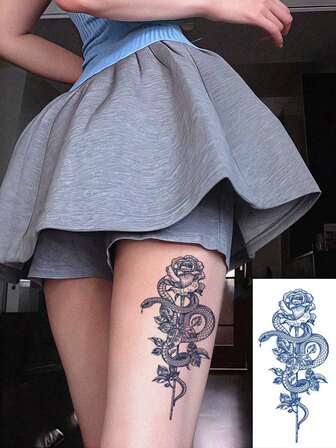 1 pieza Tatuaje temporal de flor de rosa envuelta en serpiente de moda, dura 1-2 semanas, resistente al agua y fácil de usar, adecuado para brazos, cintura y pies de hombres y mujeres, acabado mate natural, tatuaje temporal reutilizable y resistente al agua, esencial para fiestas, regalos, viajes, festivales de música y uso diario