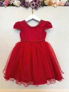 Vestido Infantil Vermelho Luxo C/ Pérolas Daminha Festas