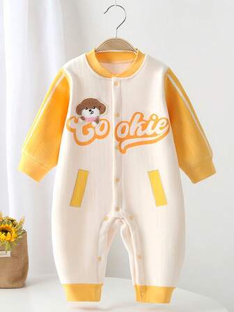 Autumn/Winter Baby Thickened Infant Warm Jumpsuit, Baby Boy Girls , Newborn Clothes, Baby Coverall, Cute Yellow Puppy Design, Thick Outerwear