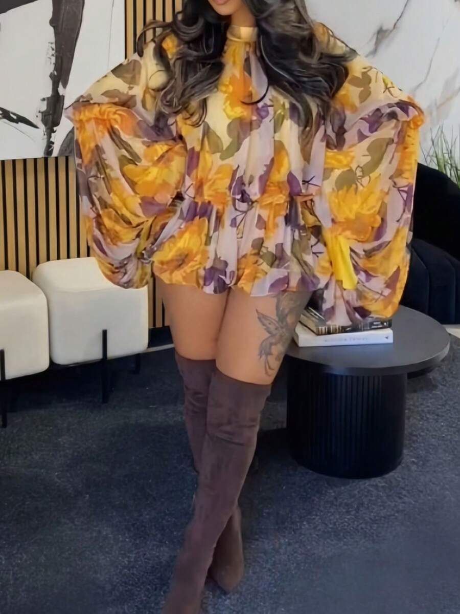 Floral Print Bubble Shorts 2 Piece Sets Women Fashion Long Lantern Sleeve Top And Shorts Club Party Outfits, 2026 New Spring Streetwear Y2K Suits - 鵝黃色 - 查看 1