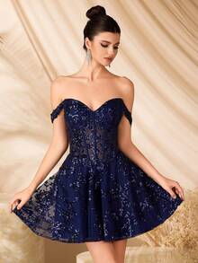 优雅串珠刺绣高腰A字透视迷你连衣裙，露背系带设计，适合舞会、生日派对、正式晚宴、返校节、婚礼宾客、鸡尾酒会、家庭聚会等多种场合。 - 藏蓝色 - 查看 7