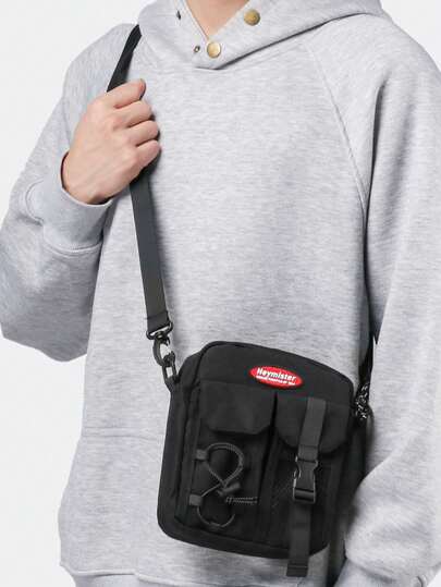 Men's Fashion Buckle Strap Adjustable Sling Bag, Black Solid Color Casual Shoulder Bag, Street Style