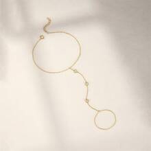 1Pc 925 Sterling Silver Cute Heart Cubic Zirconia Connected Finger Ring Bracelet For Women Daily Engagement Anniversary Wear - Gold - View 6