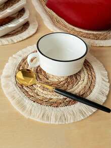 1入曲草編織圓形餐墊，天然流蘇桌墊，西餐桌墊，咖啡桌墊，隔熱墊，酒店防水防滑桌面裝飾墊，家居裝飾野餐毯 - 卡其色 - 查看 6