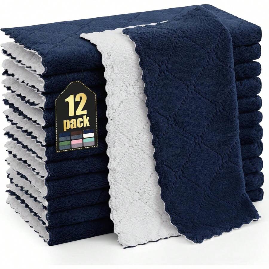 12 Pack Kitchen Dish Cloths (10 X 10 Inches, Cream Yellow), Super Soft And Absorbent Coral Velvet Dish Towels, Nonstick Oil Fast Drying Microfiber Cleaning Cloth, No Lint Household Dishcloths, 2025 - 海軍藍和白色 - 查看 1