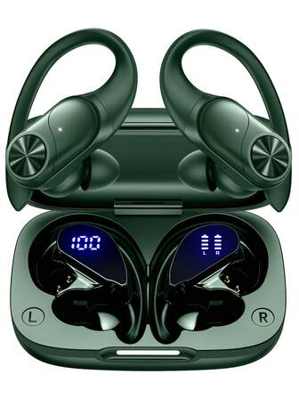 T60 入耳式无线充电盒，80 小时续航，数字显示，IPX7 防水，运动无线耳挂式耳机，适用于电视、手机和笔记本电脑