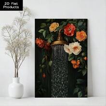 2D Flat 1pc Framed Canvas Wall Art Prints Poster, Showerhead In A Flower Garden, Surrounded By Roses And Green Leaves, Vintage Oil Painting Style Art Posters Canvas Print Painting For Living Room Bedroom Office Bathroom Dorm Home Decor, Ready To Hang - 彩色 - 查看 5