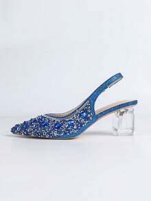 Sandales à talons hauts mode femme, talons hauts à bout pointu, décoration de strass étincelants, talon asymétrique en cristal transparent, sandales à talons hauts sans dos avec bride élastique, semelle intérieure légère et confortable, convient pour les fêtes, les mariages, les affaires, les sorties ! Tenues de printemps et d'été - Bleu azur - Voir 6