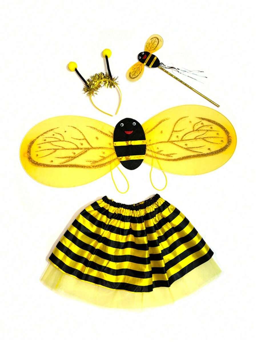 4 piezas del mejor vendedor a nivel internacional de alas de abeja amarillas y conjunto de mariquita ángel roja para hombres y mujeres. Incluye una varita de hada, diadema, alas y un vestido de gasa. Adecuado para eventos a gran escala para hombres y mujeres de talla pequeña. - Multicolor - Ver 1