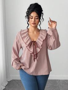 Áo kiểu nữ cỡ lớn tay dài kẻ caro, có bèo nhún và thắt nơ, thích hợp mặc hàng ngày, ngày Quốc khánh, Lễ Tạ ơn, mùa xuân. - Màu Đỏ Sâu - Xem 3