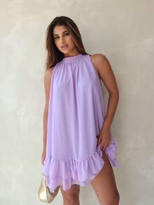 Sleeveless Short Chiffon Dress With High Neck, Ruffled Hem, And Lining - Elegant, Luxurious Party Dress - 紫丁香色 - 查看 3