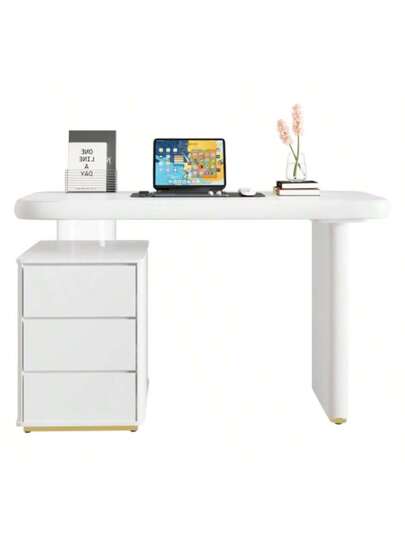 Moderne Bureau 117*50*74 Cm Entirely Painted White, Cloud Like Shape, Drawers, Thickened Top Tafel Legs, Rounded Curves, Stable, Fully Desk, French view 6