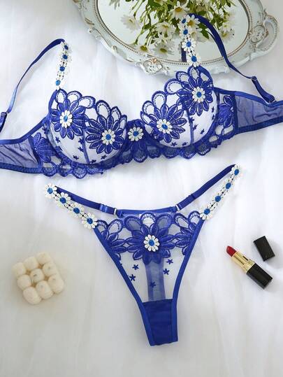 2 piezas Sujetador azul semi transparente cómodo y transpirable con bordado de margaritas, conjunto de lencería sexy de malla hueca. Conjunto de lencería de 2 piezas perezoso y casual para mujer, dulce y cómodo sujetador y tanga, adecuado para todas las estaciones y diversas fiestas diarias