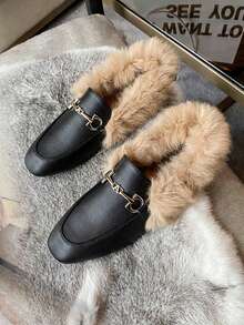 Women's Fuzzy Rabbit Thermal Lined Flat Shoes, Solid Color Fashion Buckle Versatile Driving Loafers, Outdoor Spring Autumn Winter Shoes - Black - View 3