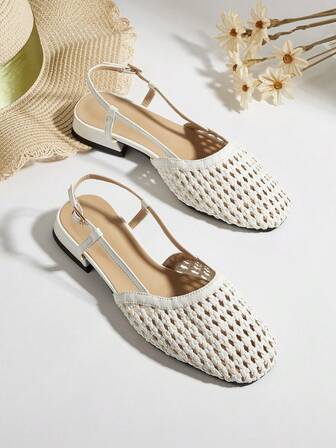 Handwoven White Casual, Versatile, Elegant, Fashionable Women Flat Slip-On Shoes, Random Woven Pattern,Ballet Flats