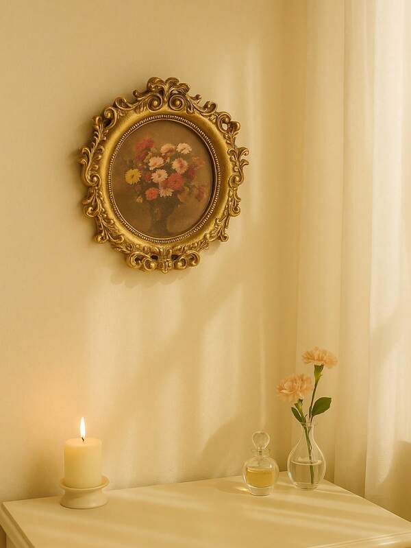 A Vintage European-Style Gold-Framed Floral Painting, Suitable For Living Room/Bedroom/Entryway Decoration, French-Style Home Decor.