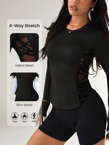 Women's Fashionable Sporty Casual Long-Sleeve T-Shirt With Mesh Panels For Yoga, Street, Running & Outdoor Workouts