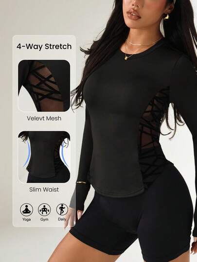 Women's Fashionable Sporty Casual Long-Sleeve T-Shirt With Mesh Panels For Yoga, Street, Running & Outdoor Workouts
