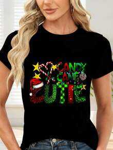 Camiseta de  con Estampado de Bastón de Caramelo y Letras Coloridas para Navidad - Negro - Ver 6