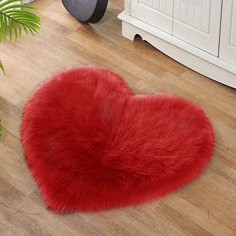 1pc Red Heart Shaped Plush Faux Fur Rug, Soft & Washable Bedroom Or Living Room Floor Mat, Comfortable & Fashionable Home Decor, Living Room Rug, Girls Bedroom Carpet, Fluffy Cozy Rug For Winter, Best Winter & New Year Gift