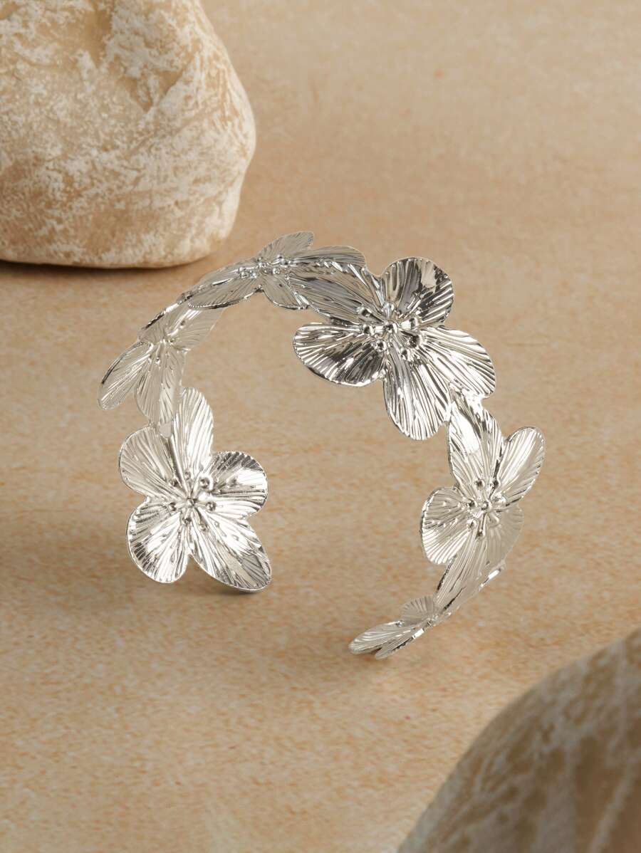 Opalesca 1 Pc Fashionable Floral Open-End Silver-Tone Bracelet - Silver - View 1