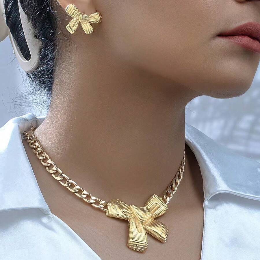 3pcs Exaggerated Geometric Design Gold Bowknot Earrings & Necklace Set, Jewelry