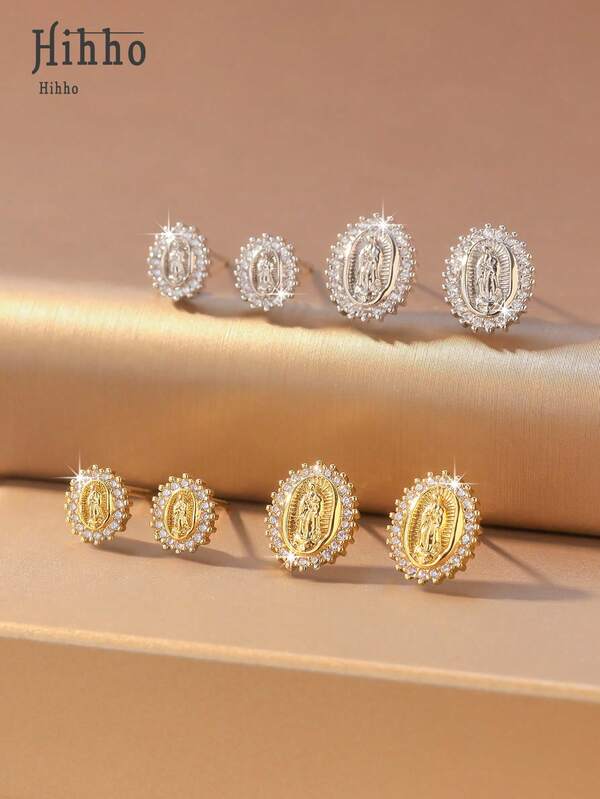 Hihho 1 Par de Brincos Vintage com Zircônias Cúbicas Brilhantes da Virgem Maria, em Tom Dourado, Ideais para Noivado/Casamento, Presentes para Festas e Natal.