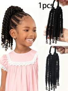 1 pieza/2 piezas Peluca con coleta corta y rizada de 8 pulgadas, decorada con cuentas doradas o plateadas, fibra sintética resistente al calor, adecuada para niñas/niños - Negro - Ver 12