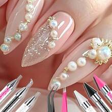 13 Pcs Rhinestone Picker Tool - 3 Pcs Dual-Head Pens With 6 Wax Tips 15 Pcs Clay Precision Curved And Straight Tweezers Kit For Picking Up Nail Art Gems Stones Crystals And Nail Charms - 彩色 - 查看 6